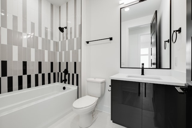 full bathroom featuring bathtub / shower combination, baseboards, vanity, and toilet