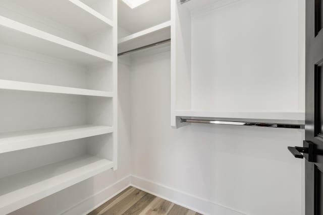 walk in closet with light wood finished floors