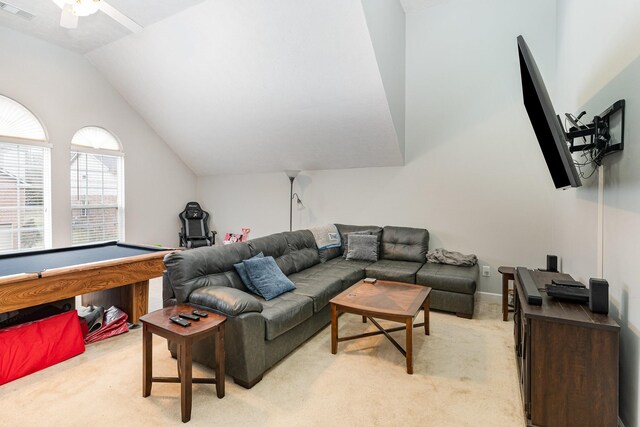 living room featuring light colored carpet, pool table, visible vents, vaulted ceiling, and ceiling fan