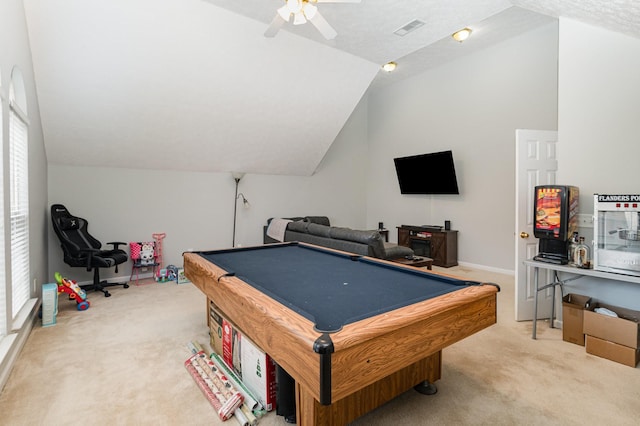 rec room featuring lofted ceiling, carpet floors, pool table, and visible vents