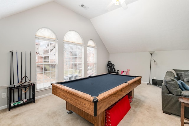 rec room featuring light carpet, pool table, lofted ceiling, and baseboards