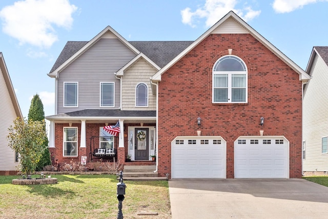 view of front of home featuring a garage, concrete driveway, brick siding, and a front lawn