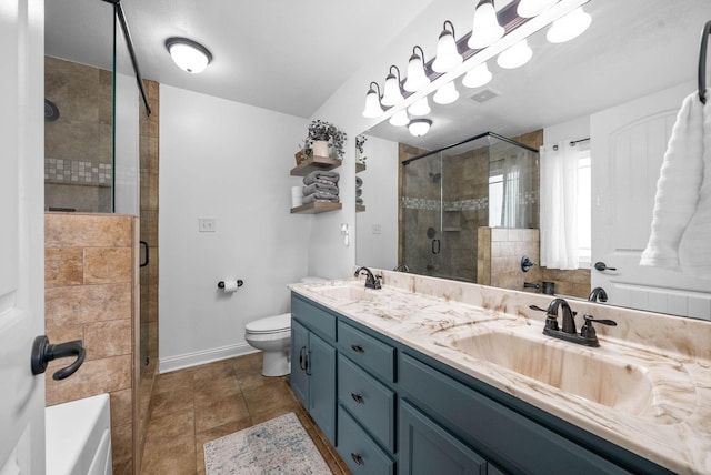 bathroom featuring double vanity, a sink, visible vents, and a shower stall