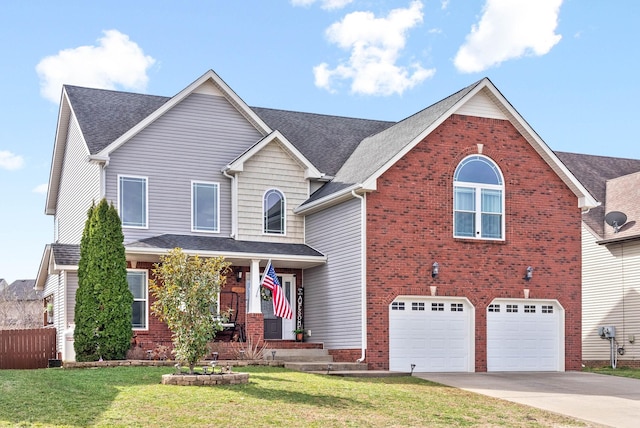 traditional-style home featuring an attached garage, brick siding, driveway, roof with shingles, and a front yard