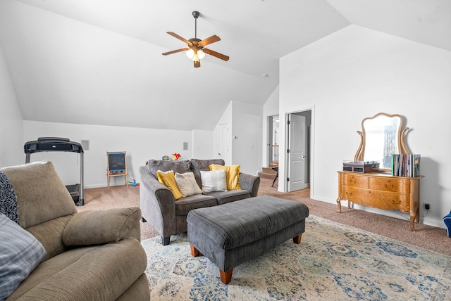 living room featuring carpet floors, lofted ceiling, ceiling fan, and baseboards