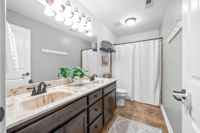 full bath with toilet, visible vents, and a sink