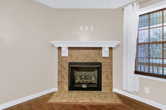 details with a fireplace, wood finished floors, and baseboards