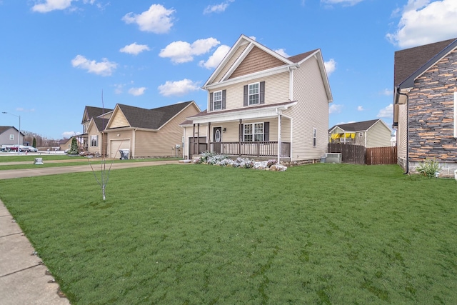 view of front of home featuring a porch, a front yard, fence, and central AC unit