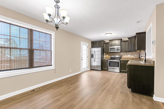 kitchen featuring visible vents, a sink, stainless steel appliances, light wood-type flooring, and backsplash