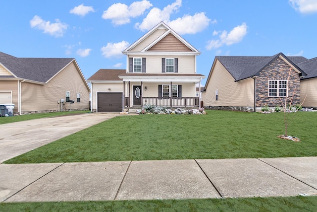 view of front of home with a garage, driveway, a porch, and a front yard