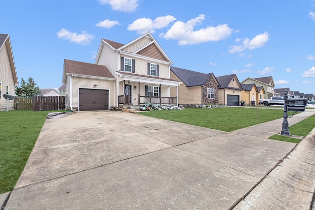 view of front of home featuring a garage, concrete driveway, fence, a porch, and a front yard