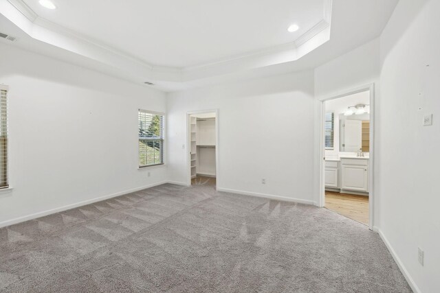 unfurnished bedroom featuring light carpet, a tray ceiling, and baseboards