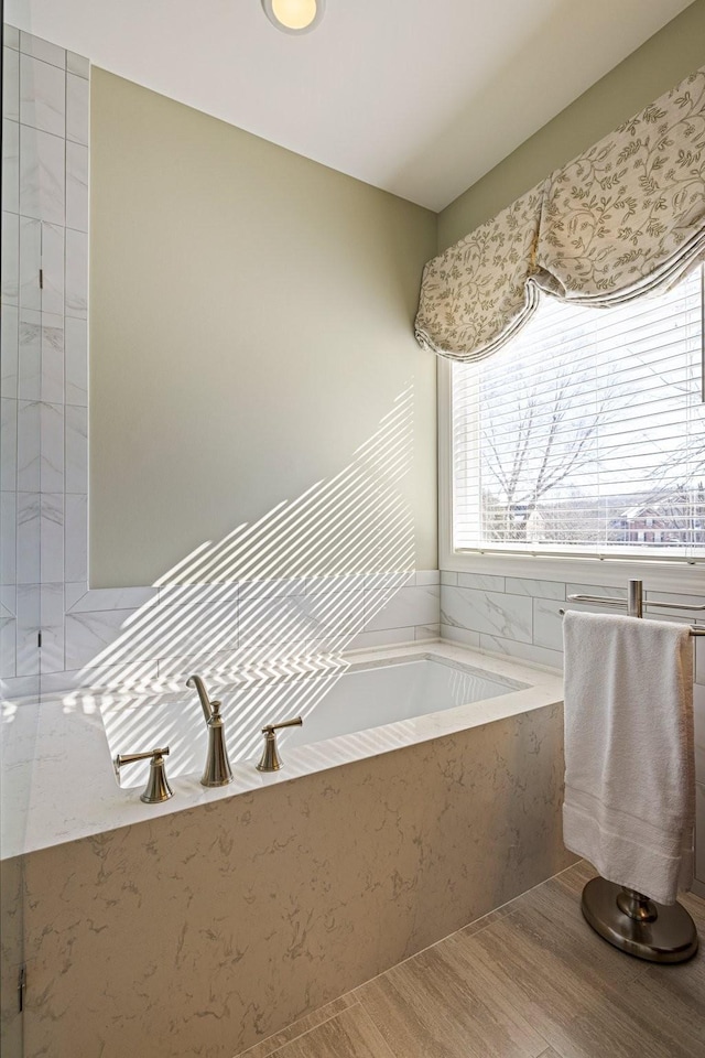 bathroom with a bath and wood finished floors