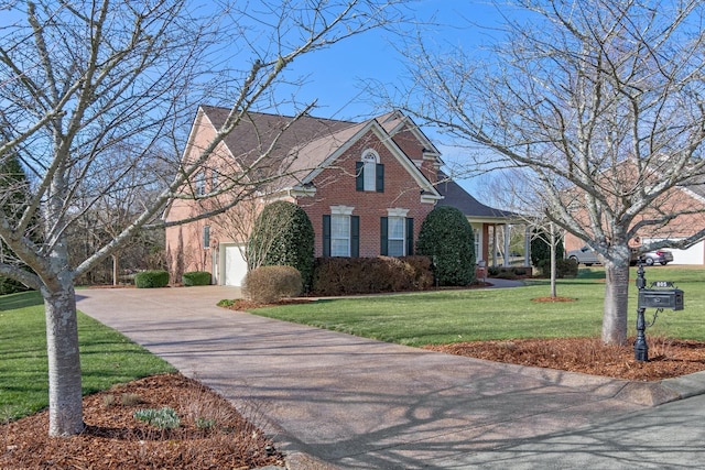 view of front of property with brick siding, a shingled roof, concrete driveway, a front yard, and a garage