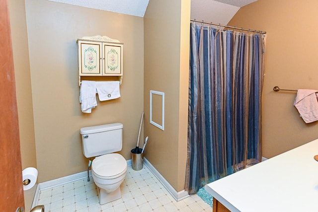 full bath with baseboards, toilet, tile patterned floors, curtained shower, and vanity