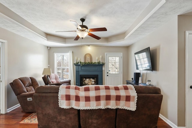 living area with baseboards, a raised ceiling, dark wood-style floors, a textured ceiling, and a fireplace