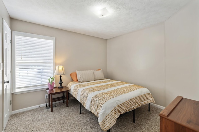 bedroom featuring carpet floors, baseboards, and a textured ceiling