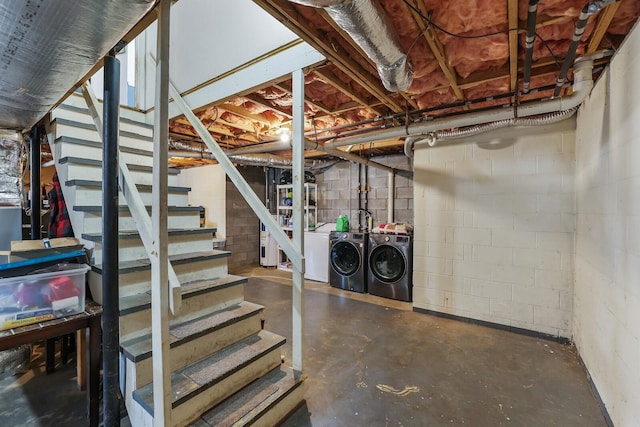 unfinished below grade area with stairway and washer and dryer