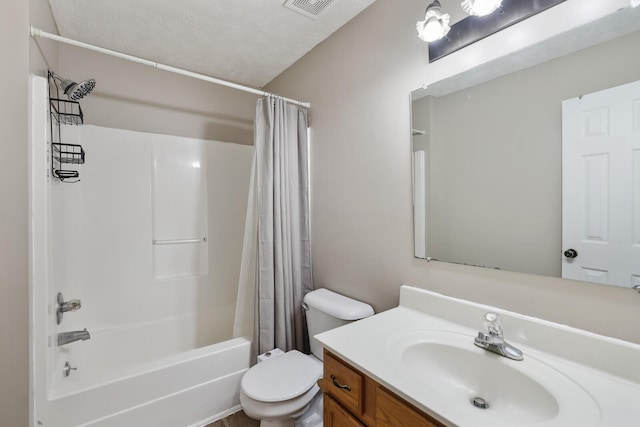 bathroom with a textured ceiling, toilet, visible vents, vanity, and shower / bath combo