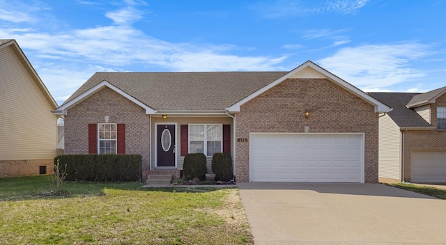 single story home featuring an attached garage, entry steps, concrete driveway, a front lawn, and brick siding