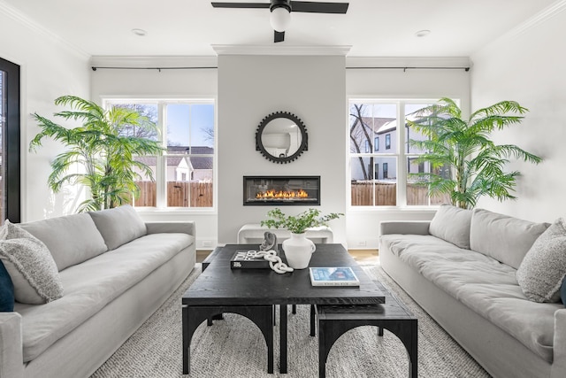 living area with wood finished floors, a ceiling fan, baseboards, ornamental molding, and a glass covered fireplace