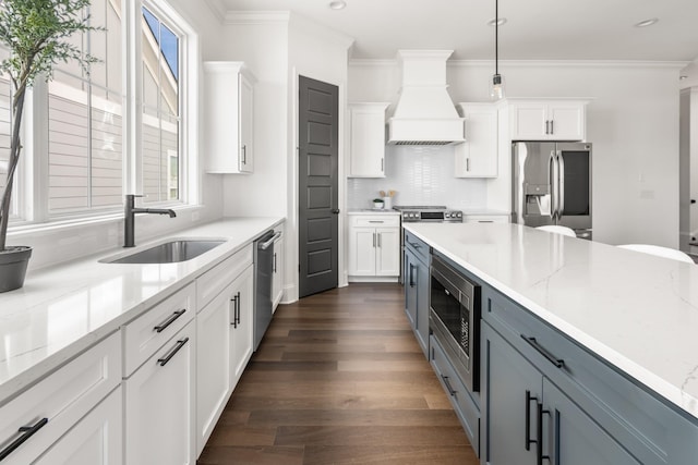 kitchen with premium range hood, appliances with stainless steel finishes, a sink, and crown molding