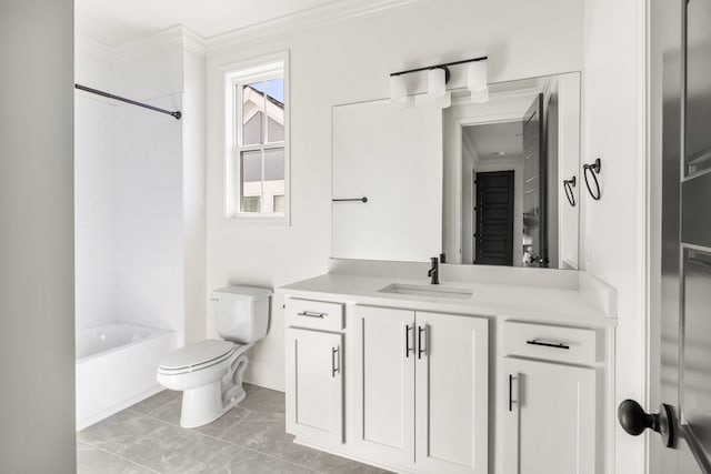 full bathroom featuring toilet, washtub / shower combination, ornamental molding, and vanity