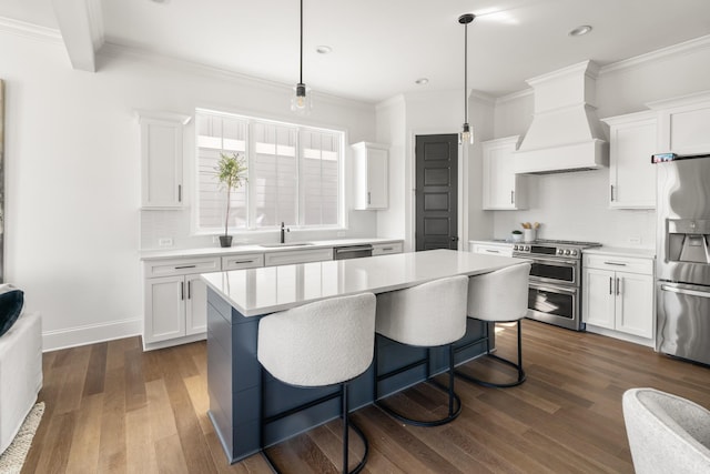 kitchen featuring appliances with stainless steel finishes, dark wood-style flooring, custom exhaust hood, light countertops, and a sink