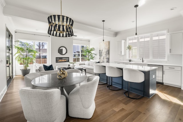 dining space featuring a wealth of natural light, a glass covered fireplace, and dark wood-style flooring