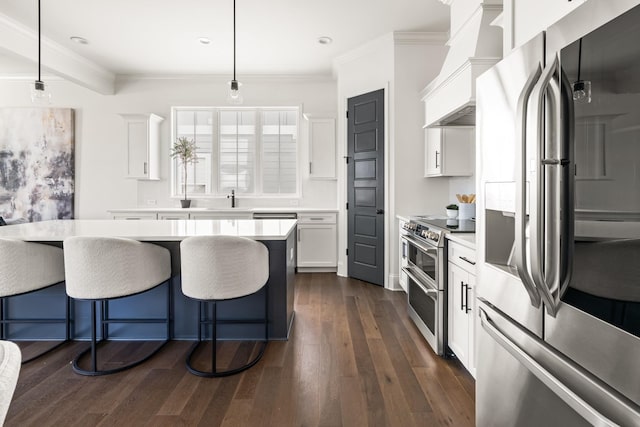 kitchen with dark wood-style flooring, a sink, light countertops, appliances with stainless steel finishes, and custom range hood