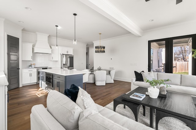 living room with baseboards, dark wood finished floors, beam ceiling, and crown molding