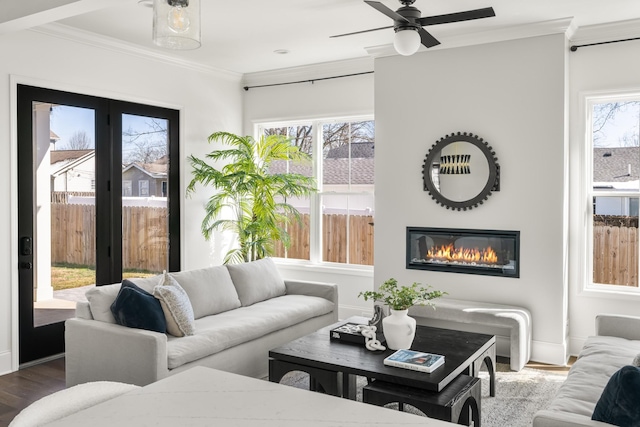 living room featuring plenty of natural light, a glass covered fireplace, crown molding, and wood finished floors