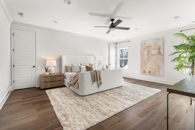 bedroom featuring ornamental molding, recessed lighting, baseboards, and dark wood-style floors