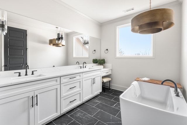 full bathroom featuring marble finish floor, crown molding, visible vents, and a sink