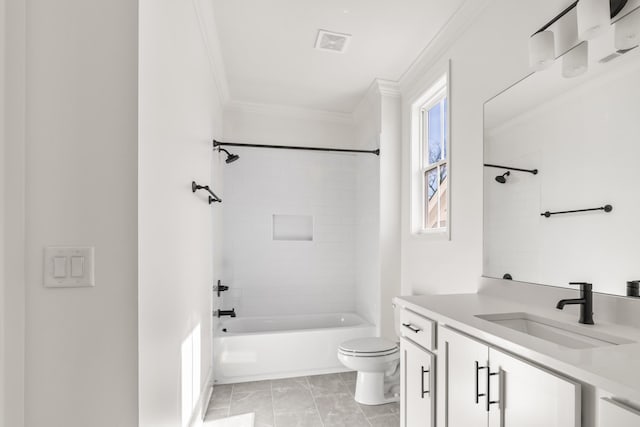 full bathroom with visible vents, toilet, ornamental molding, vanity, and shower / tub combination