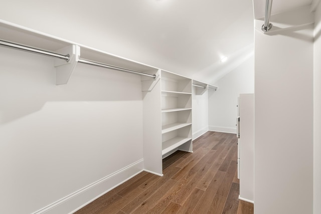 spacious closet with vaulted ceiling and dark wood-style flooring