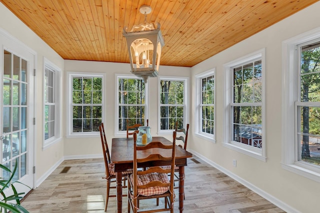 sunroom featuring wood ceiling, visible vents, and a notable chandelier