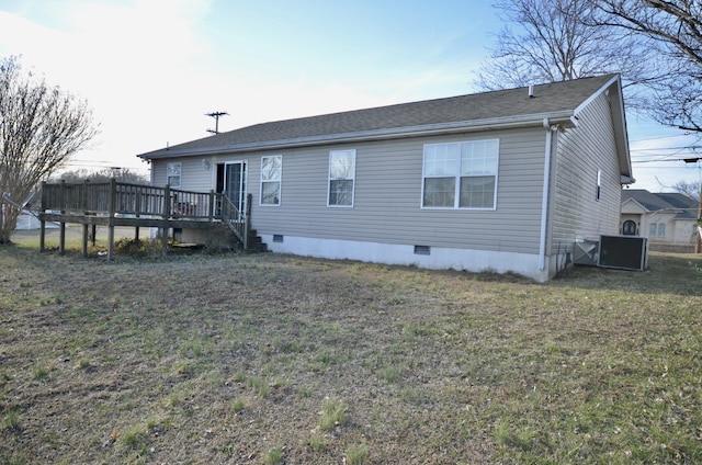 798 Buffalo Valley Rd, Cookeville, TN 38501 - view of front of home with central AC unit, roof with shingles, crawl space, a wooden deck, and a front yard
