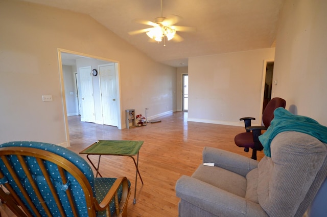 798 Buffalo Valley Rd, Cookeville, TN 38501 - living room featuring a ceiling fan, vaulted ceiling, baseboards, and wood finished floors