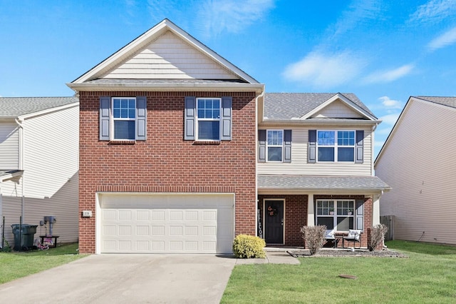 view of front of home with driveway, an attached garage, a front lawn, a porch, and brick siding