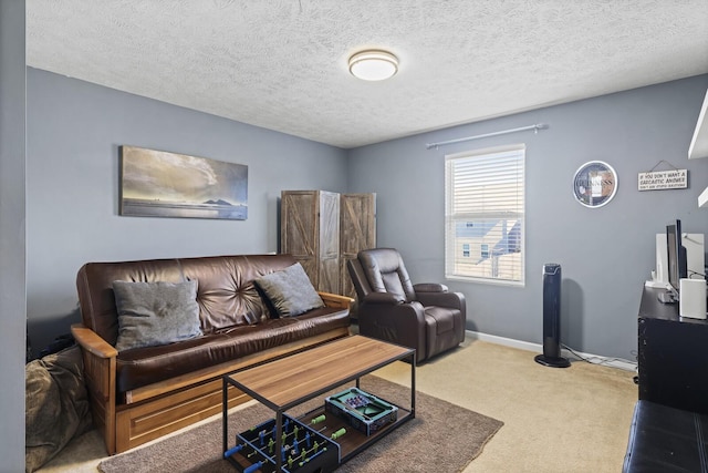 living area with carpet, a textured ceiling, and baseboards