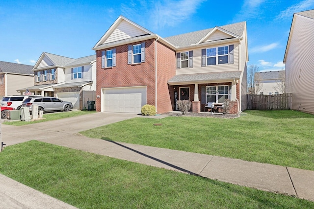 view of front of property featuring driveway, brick siding, a front yard, and fence