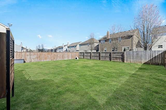 view of yard featuring a fenced backyard and a residential view