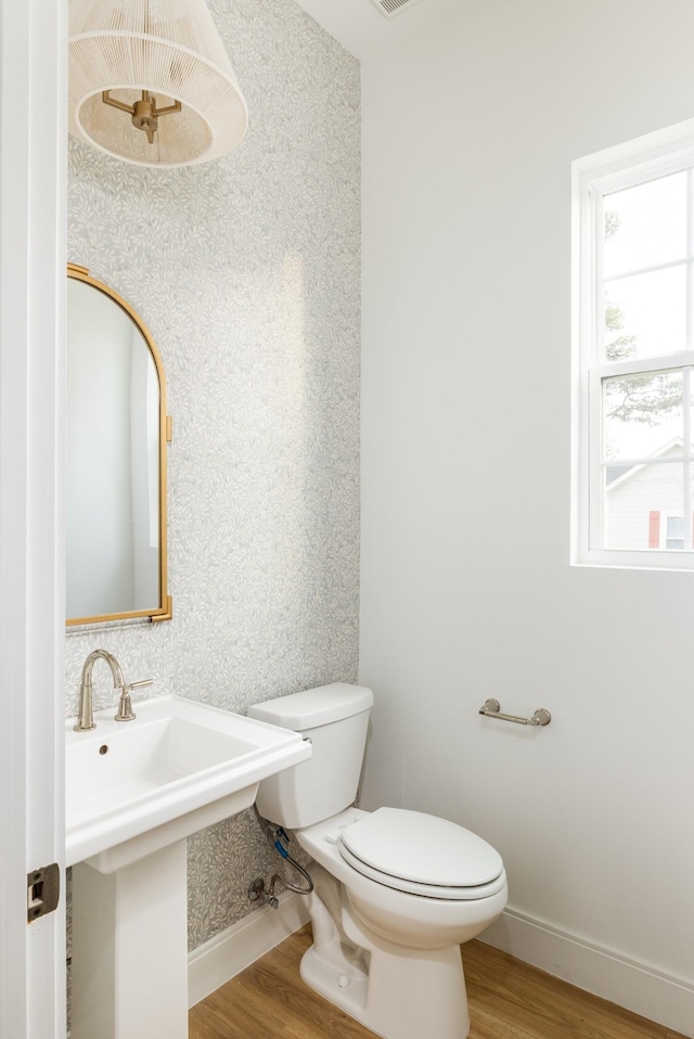 bathroom with toilet, plenty of natural light, baseboards, and wood finished floors