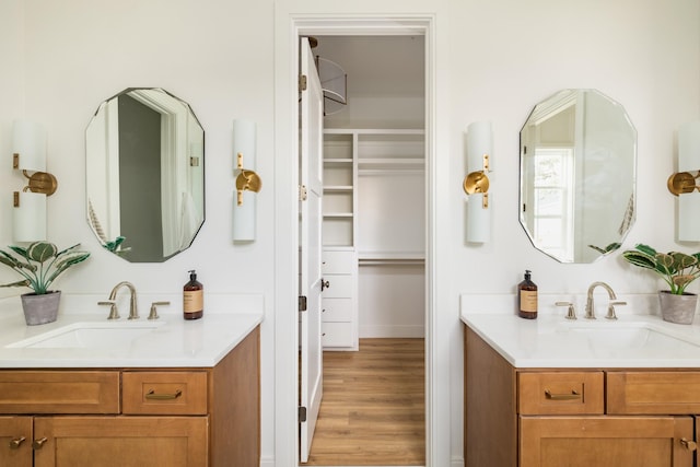 bathroom featuring two vanities, a sink, and wood finished floors