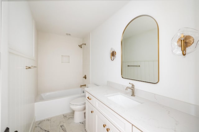 full bath with marble finish floor, vanity, shower / tub combination, and toilet