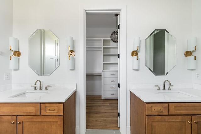 full bathroom featuring a spacious closet, two vanities, and a sink