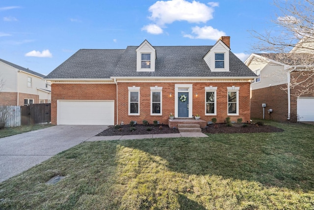 cape cod-style house featuring brick siding, a shingled roof, concrete driveway, a front yard, and fence