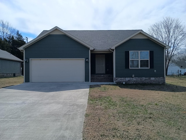 single story home featuring a shingled roof, a front yard, driveway, and an attached garage