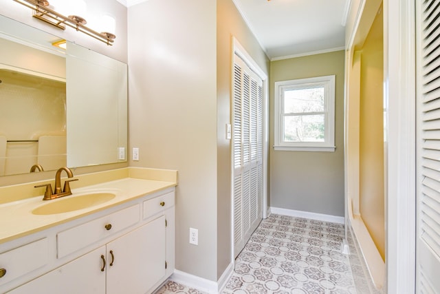 3635 Old Williamsport Rd, Williamsport, TN 38487 - bathroom with a closet, crown molding, vanity, and baseboards